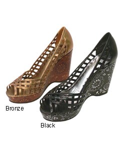 BCBGirls Metallic Peep Toe Floral Wedges