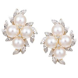 14k Gold Four Akoya Pearl and Diamond Earrings