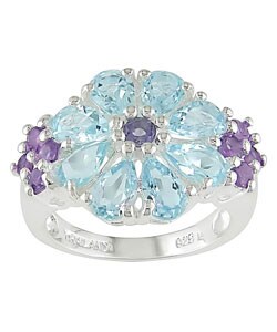 Silver Sky Blue Topaz and Amethyst Ring