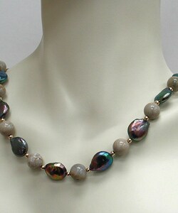 14k Yellow Gold Fossil and Freshwater Pearl Necklace