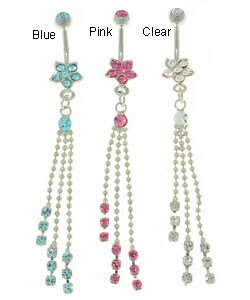 Flower Navel Bar with Long Jewel Chain Dangle