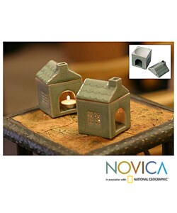 Country House Celadon Ceramic Oil Burner Pair (Thailand)