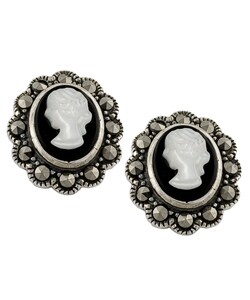 Marcasite, Black Onyx, MOP & Silver Cameo Earrings
