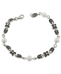 Sterling Silver Synthetic Pearls and Marcasite Bracelet