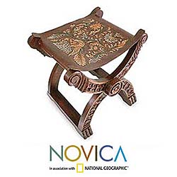 Tooled Leather Wood Stool, 'Baroque Peru' (Peru)
