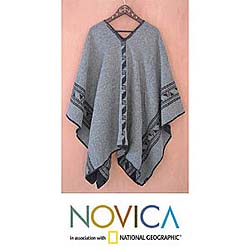 'Gray Black Glyphs' Alpaca Wool Reversible Poncho (Peru)