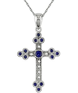 10k White Gold Diamond Sapphire Cross Necklace