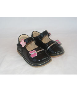Squeakies Toddler Black and Pink Flower Mary Janes