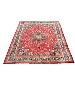 Persian Mashad Hand-knotted Red/ Navy Rug (13' x 15')