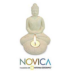 'Buddha with Lotus' Lava Stone Candleholder (Indonesia)
