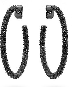 Pave Onyx Silvertone Hoop Earrings