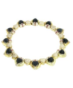 18k Gold Diamonds, Onyx, and Rubies Necklace