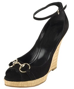 Gucci Black Suede Peep Toe Wedge Shoes