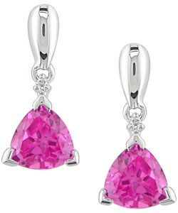 10k Gold Trillion Created Pink Sapphire Diamond Earrings