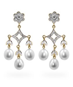 14k Gold Pearl 1/4ct TDW Diamond Chandelier Earrings