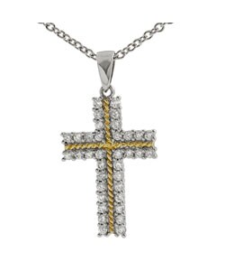 Sterling Silver CZ Two Tone Cross Necklace