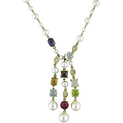 14k Gold Multi-gemstone FW Pearl Drop Necklace (7-8 mm)