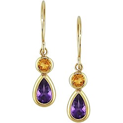10k Gold Citrine and Amethyst Drop Earrings