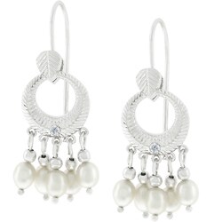 Silvertone Faux Pearl and CZ Drop Earrings