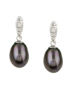 14k White Gold Dyed Black Pearl Dangle Earrings