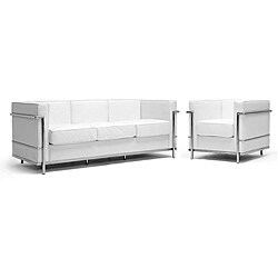 LC White Leather Sofa & Chair Set