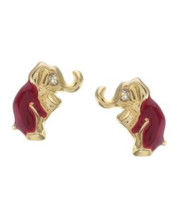 14k Yellow Gold Red Enamel Elephant Earrings