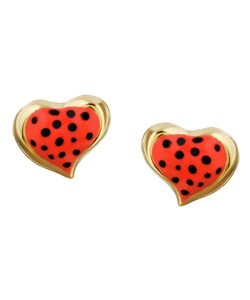 14k Gold Heart Pink and Black Dotted Earrings