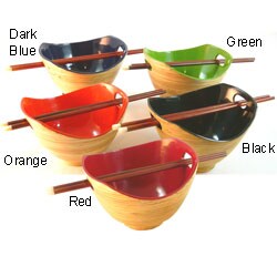 Set of 2 Lacquered Bamboo Bowls with Chopsticks (Vietnam)