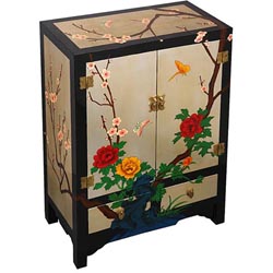 Gold/ Black Lacquer Floral Motif Storage Cabinet