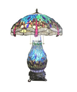 Tiffany-style Blue Dragonfly Table Lamp with Lighted Base