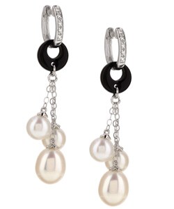 14k White Gold FW Pearl, Onyx and Diamond Earrings (10 mm)
