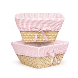 Natural Woven Basket Set with Pink Gingham Liners