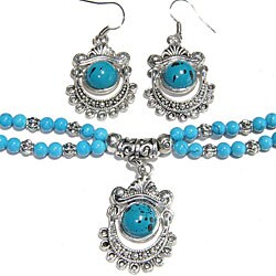 Silver Tibetan Style Turquoise Bracelet/ Earring Set (China)