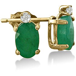 14k Yellow Gold Emerald and Diamond Stud Earrings