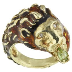 14k Yellow Gold and Enamel Lion's Head Ring