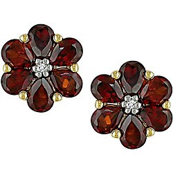 10k Yellow Gold Diamond Garnet Flower Earrings