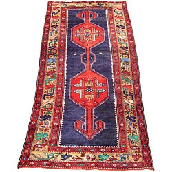Persian Hamadan Navy/ Camel Runner Rug (4'7 x 9'4)