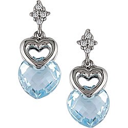 10k White Gold Blue Topaz and Diamond Heart Earrings