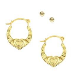 10k Yellow Gold Ball and Heart Hoop Earrings Set