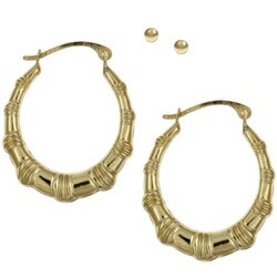 10k Yellow Gold Ball and Bamboo Hoop Earrings Set