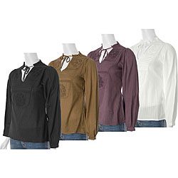 Girl Talk Flower Trim Long-sleeve Junior Blouse
