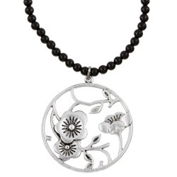 Black Glass Bead Charming Life Japanese Floral Necklace