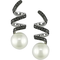 14k Gold 3/8ct TDW Black Diamond and Pearl Earrings