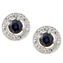 14k White Gold Round Blue Sapphire and Diamond Earrings