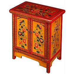Red and Yellow Tibetan End Table/ Storage Cabinet