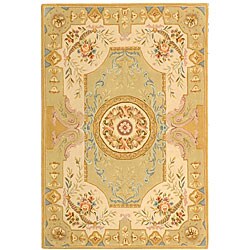 Handmade Bouquet Soft Green/ Beige Wool and Silk Rug (6' x 9')