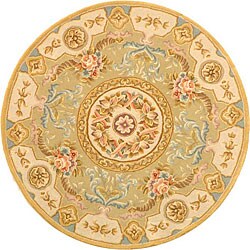 Handmade Bouquet Soft Green/ Beige Wool and Silk Rug (4' Round)