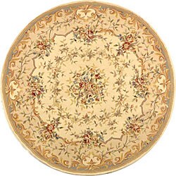 Handmade Bouquet Ivory/ Blue Wool and Silk Rug (4' Round)