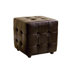 Brown Bi-cast Leather Button-tufted Cube Ottoman