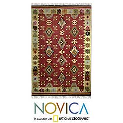 Indo 'Blossoming Diamonds' Wool Rug (5' x 8')